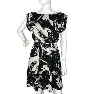 Alice + Olivia Mini Blouson Dress Stretch Silk Abstract Black Ivory Size S